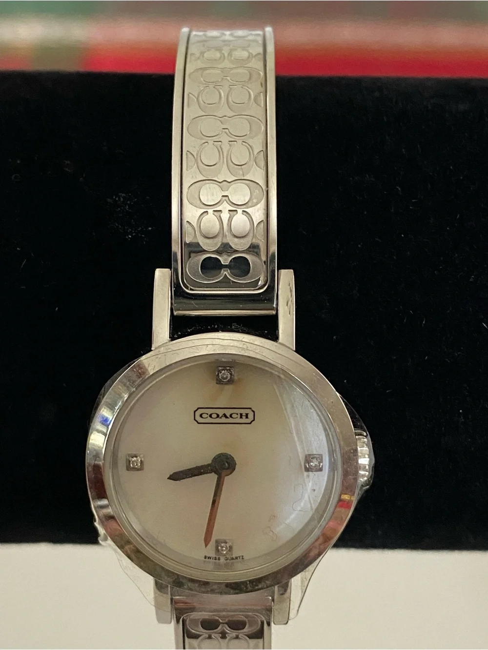 Coach Signature 0277 Silver Bangle Watch with Crystals and Mother-of-Pearl Dial